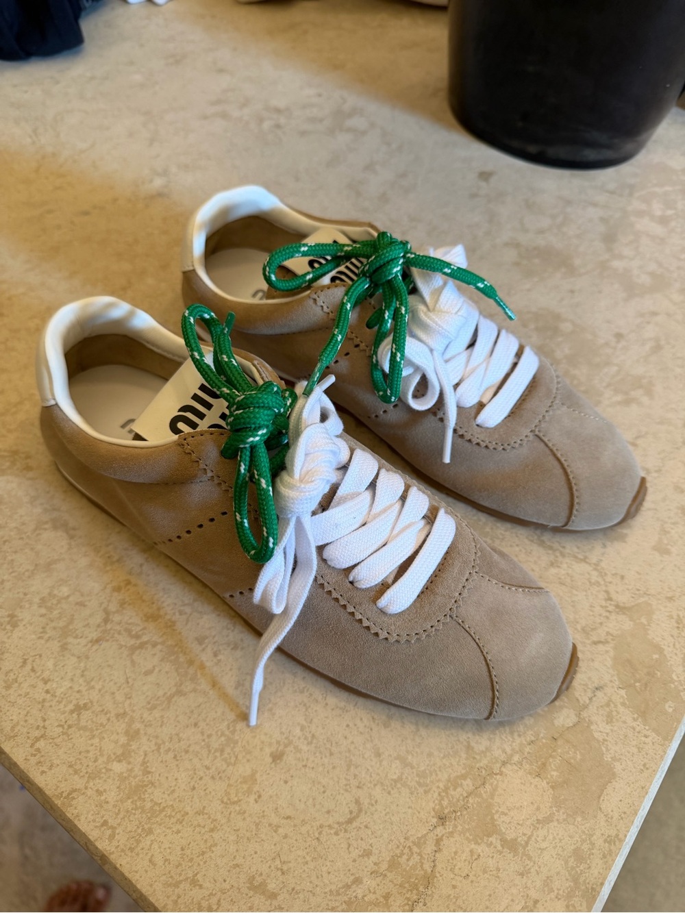 BRAND NEW ,Miu Miu Beige Plume suede sneakers with White and Green Laces